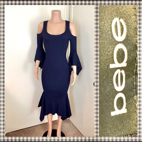 Bebe Ribbed Cold Shoulder Ruffle Trim MIDI Dress Size S NWT - Picture 1 of 6